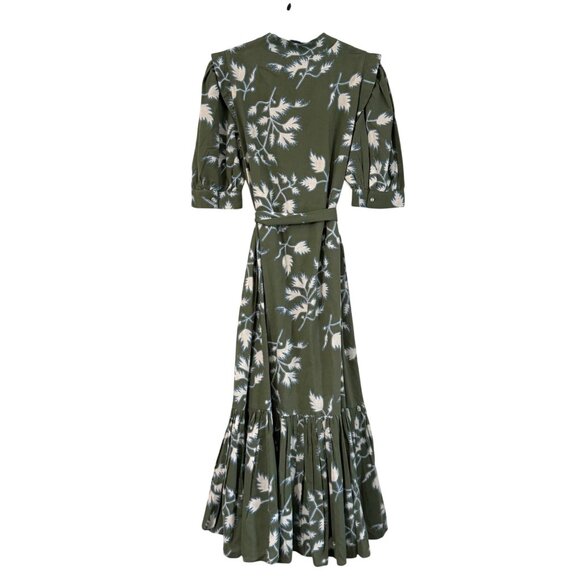 Mirth Green Fig Leaf Print Belted Puff Sleeve Ruffle Hem Midi Dress Womens Small - Picture 6 of 7